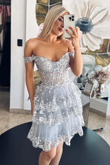 Sparkly Light Blue A Line Off the Shoulder Corset Homecoming Dress with Tiered Lace