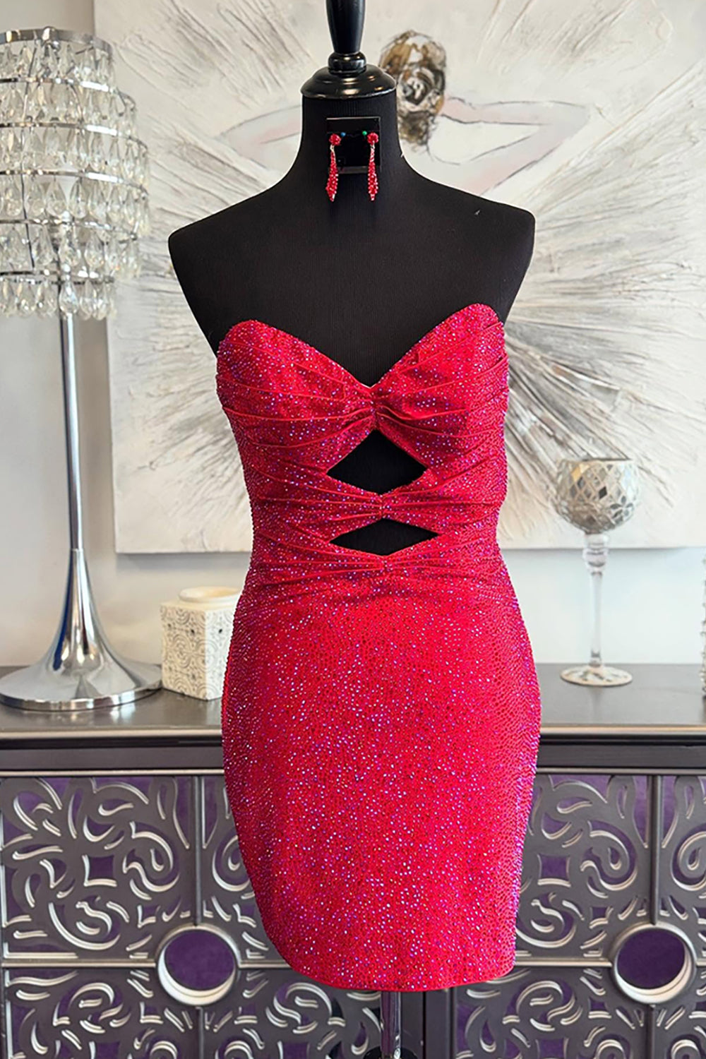 Sparkly Orange Beaded Cut Out Bodycon Short Homecoming Dress