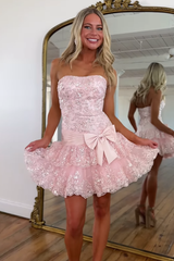 Sparkly Pink A-Line Strapless Tiered Short Lace Homecoming Dress with Bow