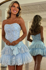 Sparkly Pink A-Line Strapless Tiered Short Lace Homecoming Dress with Bow