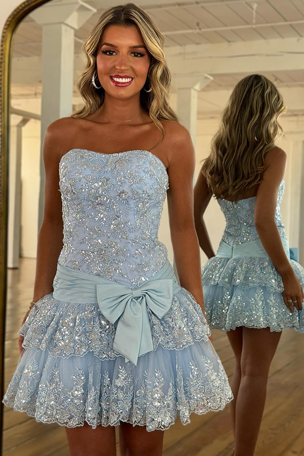 Sparkly Pink A-Line Strapless Tiered Short Lace Homecoming Dress with Bow