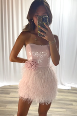 Sparkly Pink Bodycon Strapless Short Homecoming Dress with Feathers
