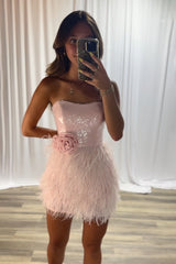 Sparkly Pink Bodycon Strapless Short Homecoming Dress with Feathers