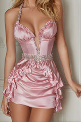 Sparkly Pink Halter Satin Short Corset Homecoming Dress with Beading