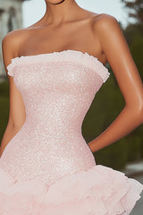 Sparkly Pink Sequins Strapless Short Homecoming Dress with Ruffles