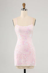 Sparkly Pink Spaghetti Straps Sequins Bodycon Homecoming Dress