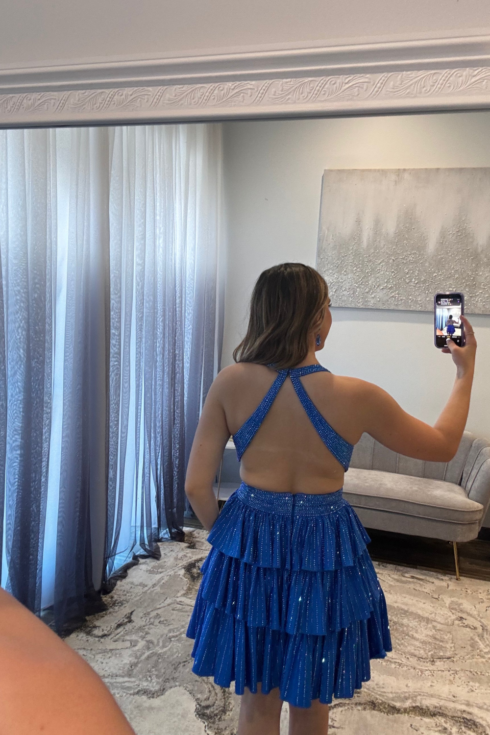 Sparkly Red A Line Tiered Halter Short Beaded Homecoming Dress with Ruffles