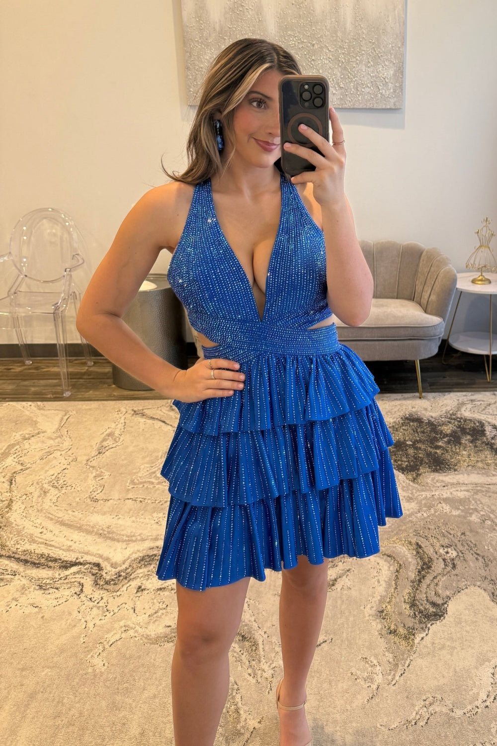 Sparkly Red A Line Tiered Halter Short Beaded Homecoming Dress with Ruffles