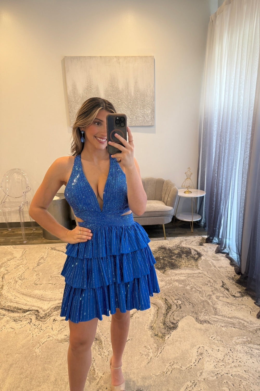 Sparkly Red A Line Tiered Halter Short Beaded Homecoming Dress with Ruffles