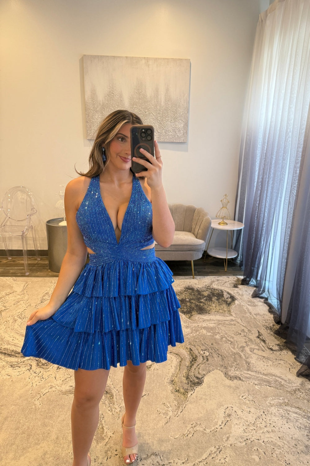 Sparkly Red A Line Tiered Halter Short Beaded Homecoming Dress with Ruffles