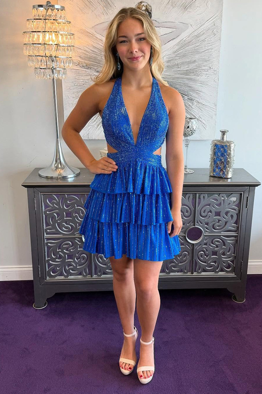 Sparkly Red A Line Tiered Halter Short Beaded Homecoming Dress with Ruffles