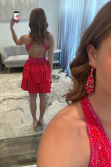Sparkly Red A Line Tiered Halter Short Beaded Homecoming Dress with Ruffles