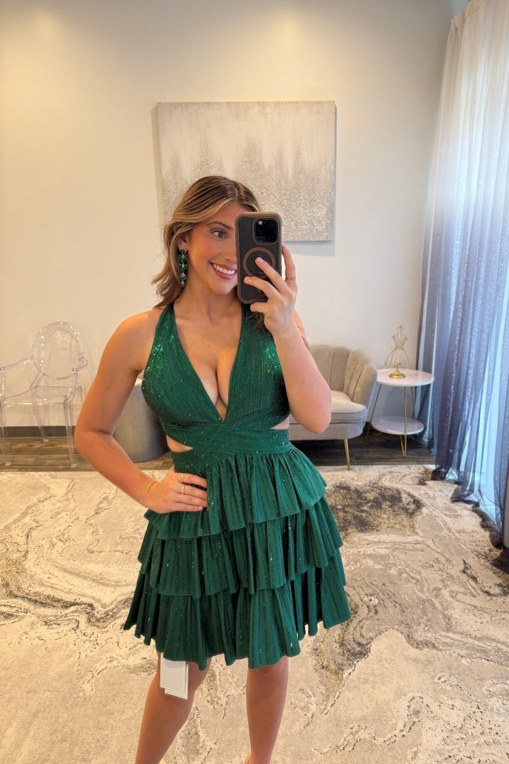 Sparkly Red A Line Tiered Halter Short Beaded Homecoming Dress with Ruffles