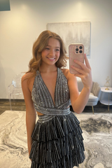 Sparkly Red A Line Tiered Halter Short Beaded Homecoming Dress with Ruffles