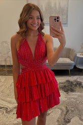 Sparkly Red A Line Tiered Halter Short Beaded Homecoming Dress with Ruffles