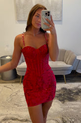 Sparkly Red Bodycon Short Corset Homecoming Dress with Beading