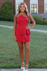 Sparkly Red Satin Tight Strapless Short Ruffled Homecoming Dress with Beading