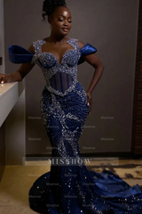 Sparkly Rhinestones Blue Sleeveless Mermaid Long Prom Dress