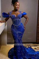 Sparkly Rhinestones Blue Sleeveless Mermaid Long Prom Dress