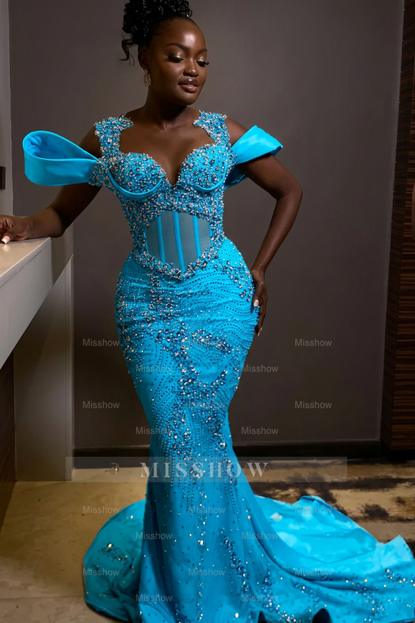 Sparkly Rhinestones Blue Sleeveless Mermaid Long Prom Dress