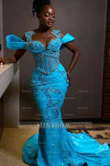 Sparkly Rhinestones Blue Sleeveless Mermaid Long Prom Dress