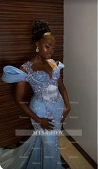 Sparkly Rhinestones Blue Sleeveless Mermaid Long Prom Dress