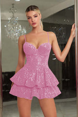 Sparkly Royal Blue A-Line Tiered Cami Short Sequin Homecoming Dress