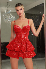 Sparkly Royal Blue A-Line Tiered Cami Short Sequin Homecoming Dress