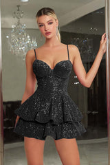 Sparkly Royal Blue A-Line Tiered Cami Short Sequin Homecoming Dress