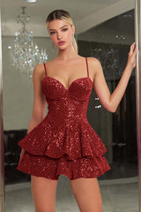 Sparkly Royal Blue A-Line Tiered Cami Short Sequin Homecoming Dress