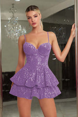 Sparkly Royal Blue A-Line Tiered Cami Short Sequin Homecoming Dress