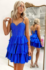 Sparkly Royal Blue Beaded A-Line Ruffled Short Corset Homecoming Dress