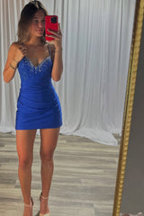 Sparkly Royal Blue Bodycon V Neck Short Corset Homecoming Dress with Beading