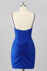 Sparkly Royal Blue Bodycon V Neck Short Corset Homecoming Dress with Beading