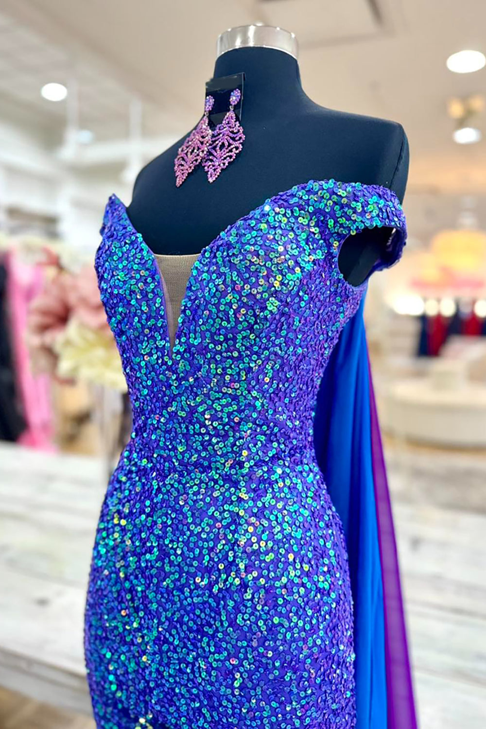 Sparkly Royal Blue Long Sequins Homecoming Jumpsuits with Cape