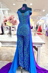 Sparkly Royal Blue Long Sequins Homecoming Jumpsuits with Cape
