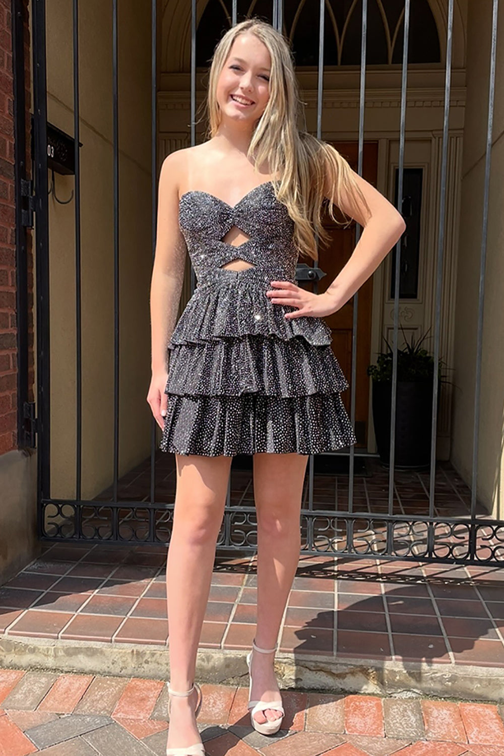 Sparkly Royal Blue Satin Cut Out A Line Tiered Short Homecoming Dress with Beading