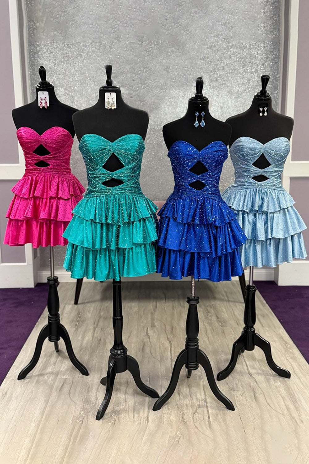 Sparkly Royal Blue Satin Cut Out A Line Tiered Short Homecoming Dress with Beading