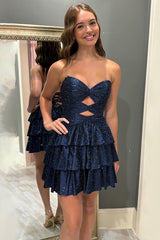 Sparkly Royal Blue Satin Cut Out A Line Tiered Short Homecoming Dress with Beading