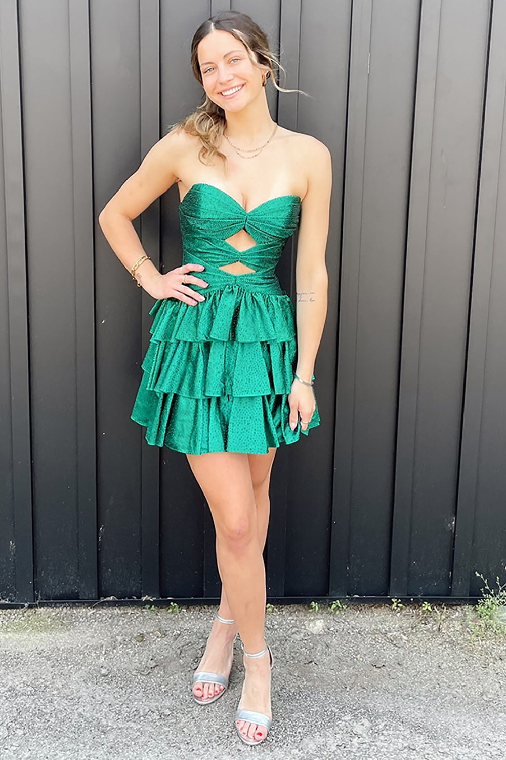 Sparkly Royal Blue Satin Cut Out A Line Tiered Short Homecoming Dress with Beading