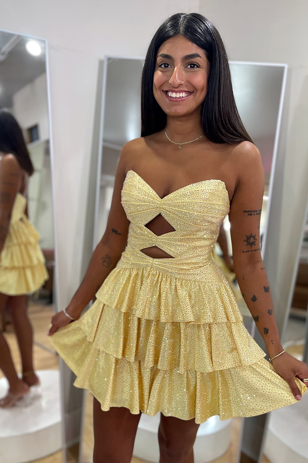 Sparkly Royal Blue Satin Cut Out A Line Tiered Short Homecoming Dress with Beading