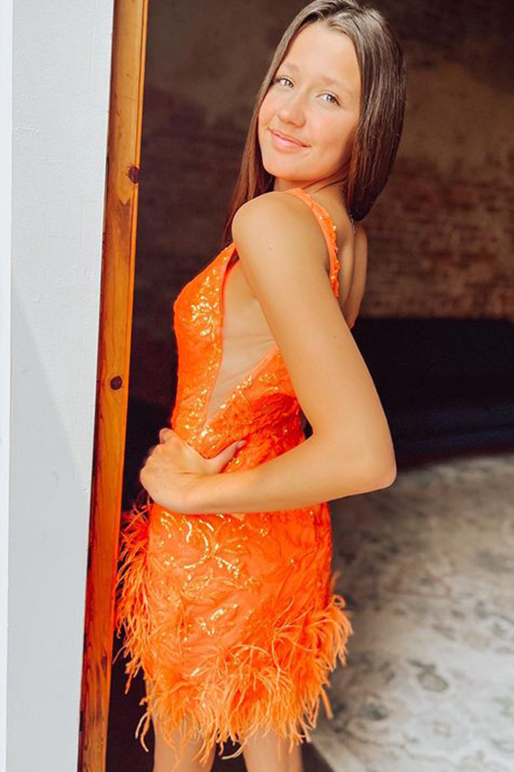 Sparkly Sheath Deep V Neck Orange Sequins Short Homecoming Dress with Feather