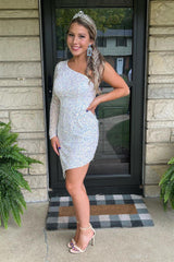 Sparkly Sheath One Shoulder Sky Blue Sequins Short Homecoming Dress with Fringes