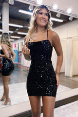 Black scoop sequin bodycon homecoming dress