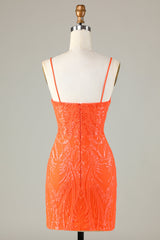 Sparkly Sheath Spaghetti Straps Orange Sequins Corset Homecoming Dress