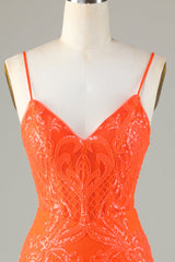 Sparkly Sheath Spaghetti Straps Orange Sequins Corset Homecoming Dress