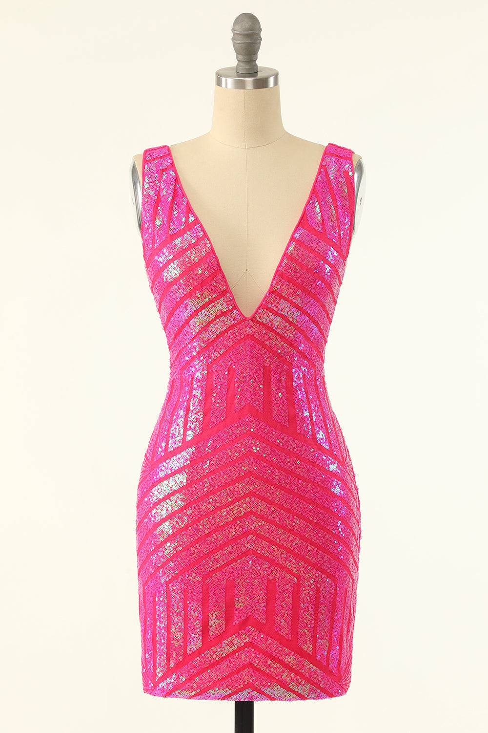 Sparkly Shetah V Neck Fuchsia Sequins Short Homecoming Dress with Open Back