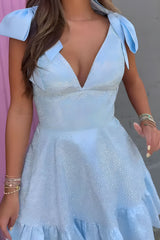Sparkly White A Line Ruffled Short Beaded Homecoming Dress with Bows