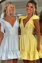 Sparkly White A Line Ruffled Short Beaded Homecoming Dress with Bows