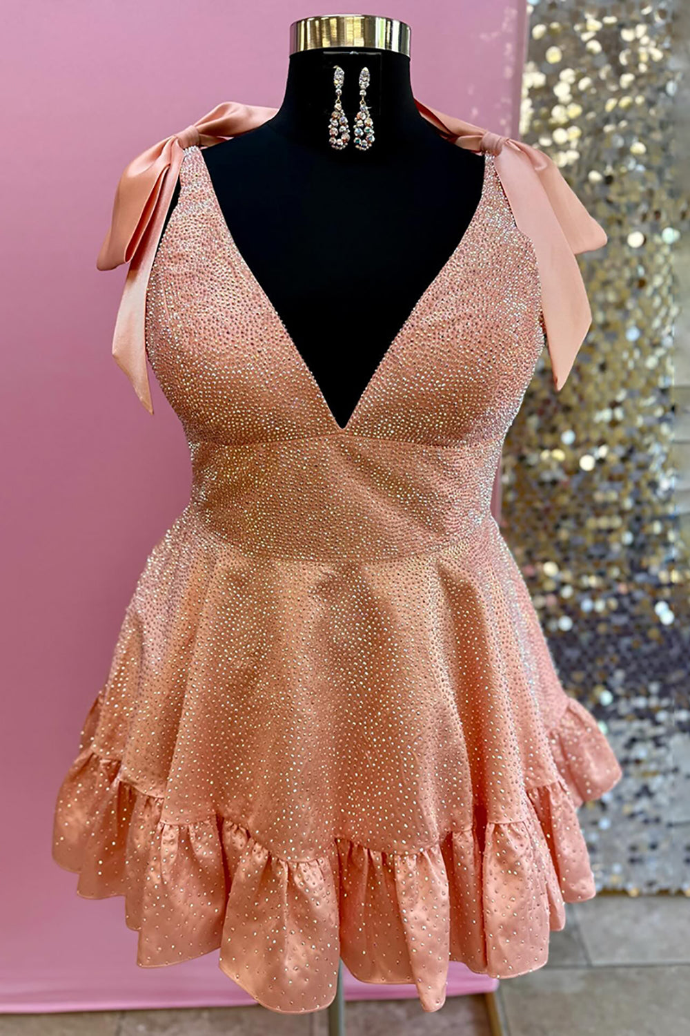 Sparkly White A Line Ruffled Short Beaded Homecoming Dress with Bows